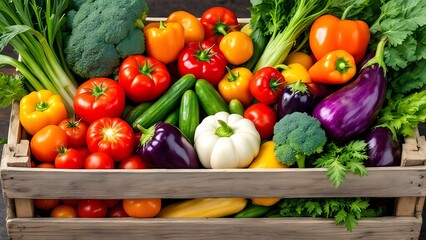 Fresh vegetables in a wooden box, top view, background, keto diet