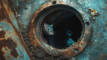 Closeup of a rat inside a rusty sewer pipe; rat looking out of a drain in the sewerage system. Rodent problem in the canalization system, unsanitary concept.