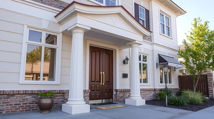 Obraz premium Elegant Home Exterior with Classical Columns and Brick Facade. This stunning property features a beautiful portico entrance and well-manicured landscaping.