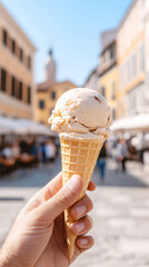 Enjoying a scoop of vanilla ice cream in a sunny european square