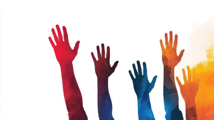 Shareholders voting during annual meeting (close up, focus on, copy space), vivid colors, double exposure silhouette with raised hands