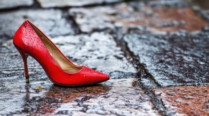 Close-up of a red high-heeled shoe abandoned on a city street, on a Roman porphyry pavement, wet from the rain. Symbol against gender violence and abuse of women.