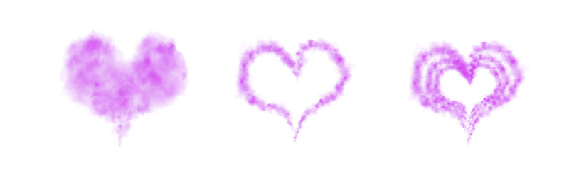 A set of different smoky purple fluffy heart shaped cloud on transparent background. Romantic golden translucent smoke floating in the shape of a heart. PNG. 