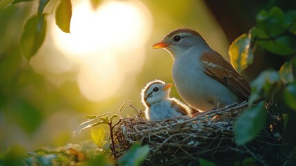 Bird parents and baby in nest, sunset light.