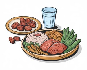 A Healthy Meal Featuring Rice Meat Vegetables and Dates