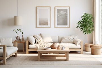 Modern minimalist interior design with wooden furniture and neutral colors creating relaxing atmosphere