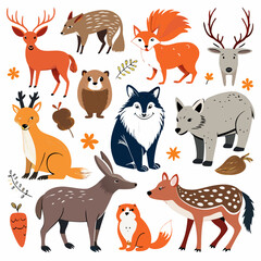 Hand-drawn sketches of various woodland animals including deer, rabbit, fox, bear, squirrel, moose, hedgehog, wolf, boar, and badger 