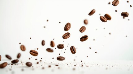 Flying and falling fresh coffee beans on a transparent background