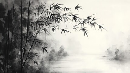 This is a black and white painting of bamboo