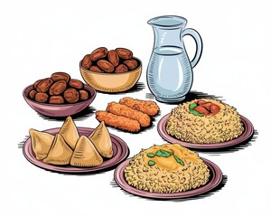 A Delicious Spread of Dates Rice Samosas and Milk