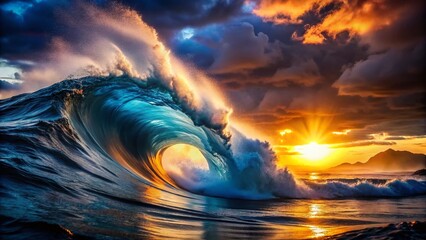 Silhouette of Ocean Waves with Magical Light, Abstract Coastal Art