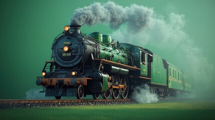 Fototapeta premium Green steam train, smoke billowing, countryside.