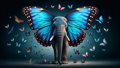 Fototapeta premium Elephant with butterfly wings surrounded by vibrant monarchs