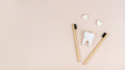 Bamboo eco-toothbrushes and healthy white tooth. Concept of eco-friendly consumption, dental health, healthy lifestyle, self-care, dentistry and dental clinic, oral health. Copyspase for text
