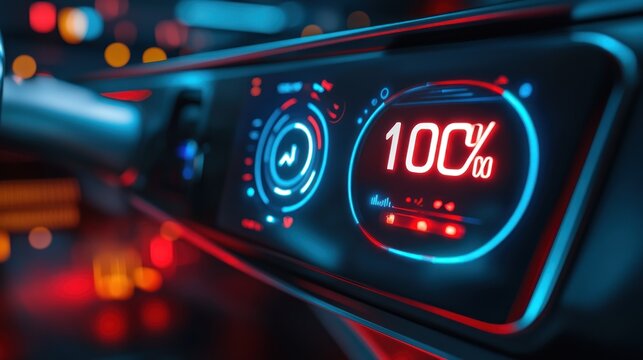 Futuristic car dashboard displaying 100% charge.