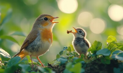 Obraz premium Bird feeding hungry baby bird, green background.
