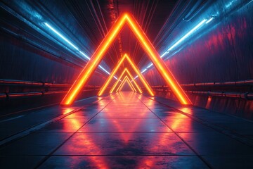 Neon-lit tunnel with triangular patterns creates a futuristic atmosphere in an underground space