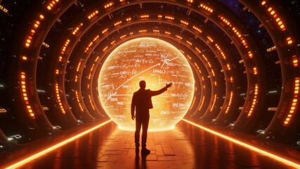 A futuristic, illuminated corridor with a silhouetted figure pointing at a glowing, holographic sphere displaying complex mathematical equations.