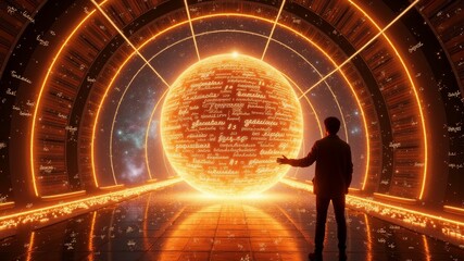 silhouette, reflection, science fiction, space, 1boy, sfw, original, male focus, book, solo, sky