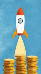 Illustration flat art pastel cartoon of a rocket ship launching from a stack of coins, symbolizing start-up success and innovative investments