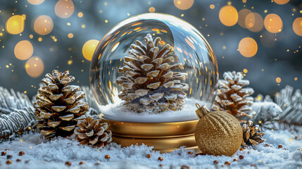 Festive Pinecone Snow Globe with Golden Ornaments..