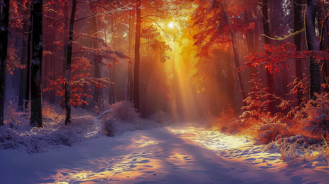 Golden Sunbeams Illuminating a Snowy Forest Path..