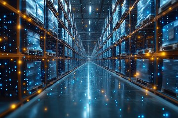 Modern warehouse interior showcasing organized shelving with glowing particles and advanced lighting technologies in a large facility