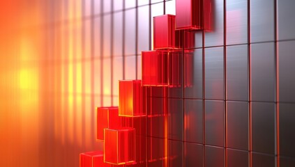 A dynamic upward graph of red blocks glowing against a sleek gradient background of silver and orange
