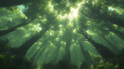 Obraz premium Sunbeams illuminate a dense forest canopy from below, creating a mystical atmosphere.