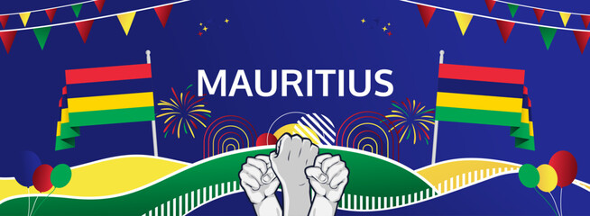 Mauritius Independence Day greeting wide banner. 12 March Happy Mauritius National Day. Holidays illustration concept. Great for event like carnival, feast poster, support, culture and tourism