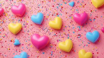 Fototapeta premium Vibrant assortment of colorful hearts and sprinkles on pink background for a joyful Valentine Day celebration