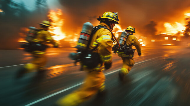 Firefighters running down a street towards a fire