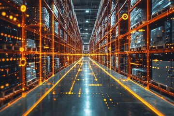 Warehouse interior with advanced technology and organized shelves at peak operational time