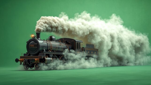 Vintage steam train, billowing smoke, green background.