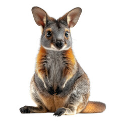 Obraz premium A cute wallaby sitting upright, showcasing its fluffy fur and ears.