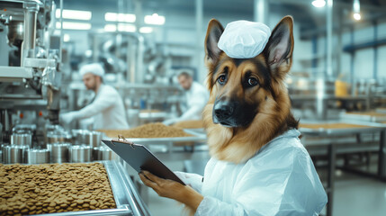 photo of dog, German Shepherd acting as an inspector at a dog food factory. The dog wears special disposable white coat and a cap made of spunbond, standing confidently with a clipboard in its paw.