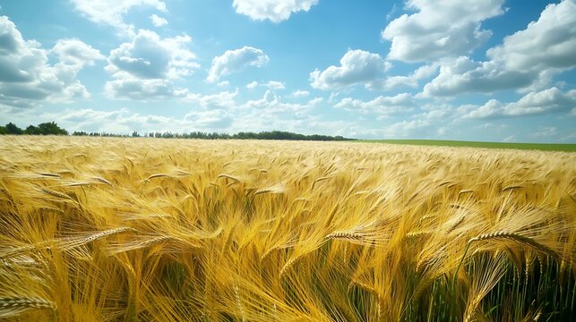 A wide field of golden barley wind gently blowing the crops under a blue sky with fluffy clouds