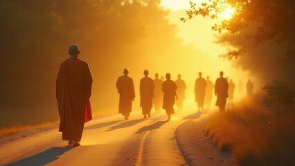 Minimalist photo of Buddha walking along a dusty road with disciples following behind, golden sunlight casting long shadows.