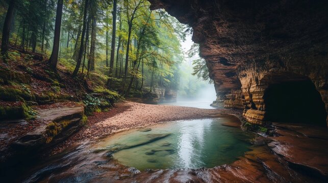 Photograph of Hoosier National Forest, a cliffside cave with a water feature in the forest, lush greenery
