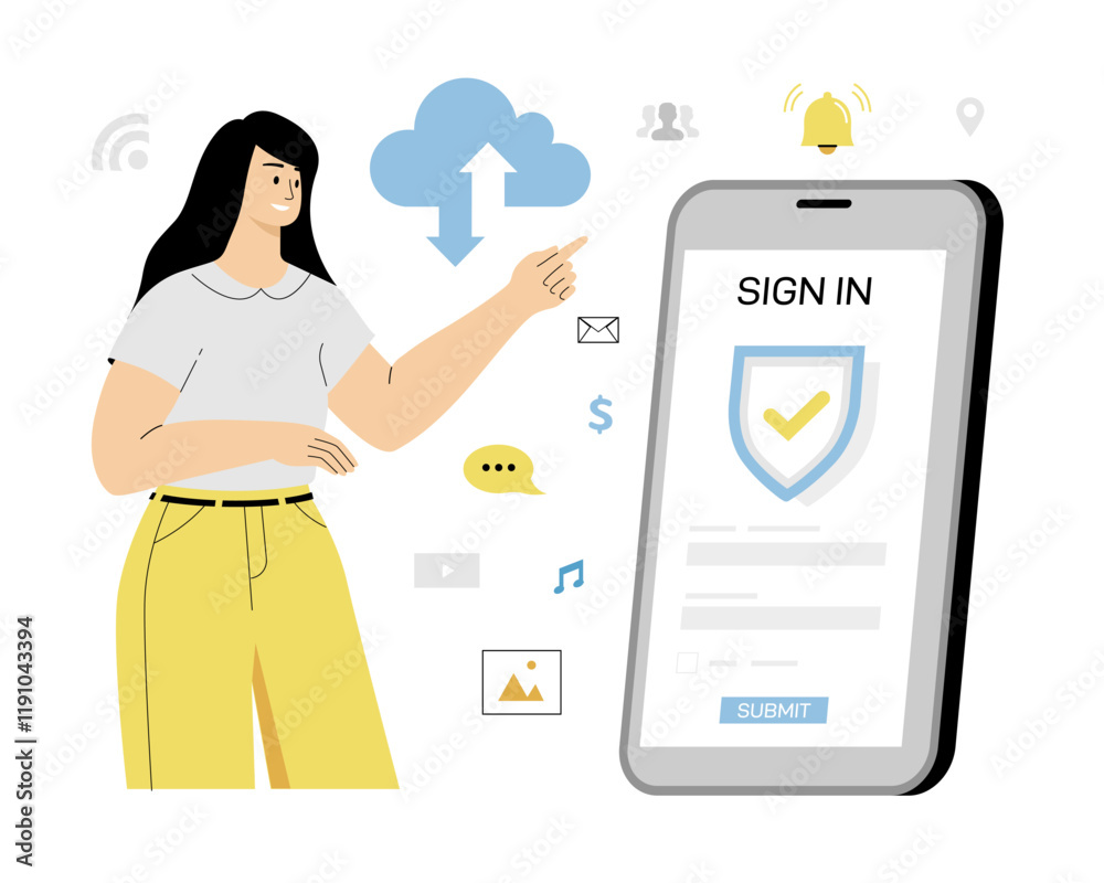 Wall mural security cloud storage, private data protection, server access. the user logs into his cloud using l