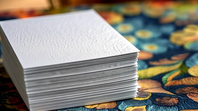 Blank paper stacked on a colorful floral tablecloth ready for artistic creativity in a cozy indoor setting