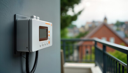 White box with digital screen mounted on grey wall. Modern tech equipment with orange buttons. Outdoor view. Exterior home installation. Smart home tech. Smart home energy control system. Digital