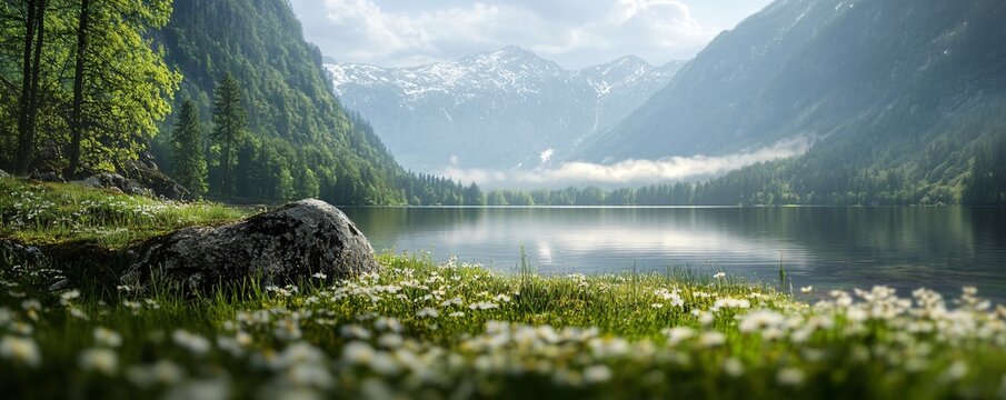 Breathtaking scenery of hintersee lake with blooming flowers and majestic mountains is reflecting in crystal clear water