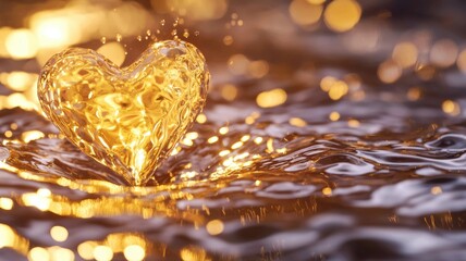 Fototapeta premium Valentine's day theme background. A golden heart-shaped splash emerges from shimmering water, creating a beautiful and romantic ambiance with sparkling reflections.