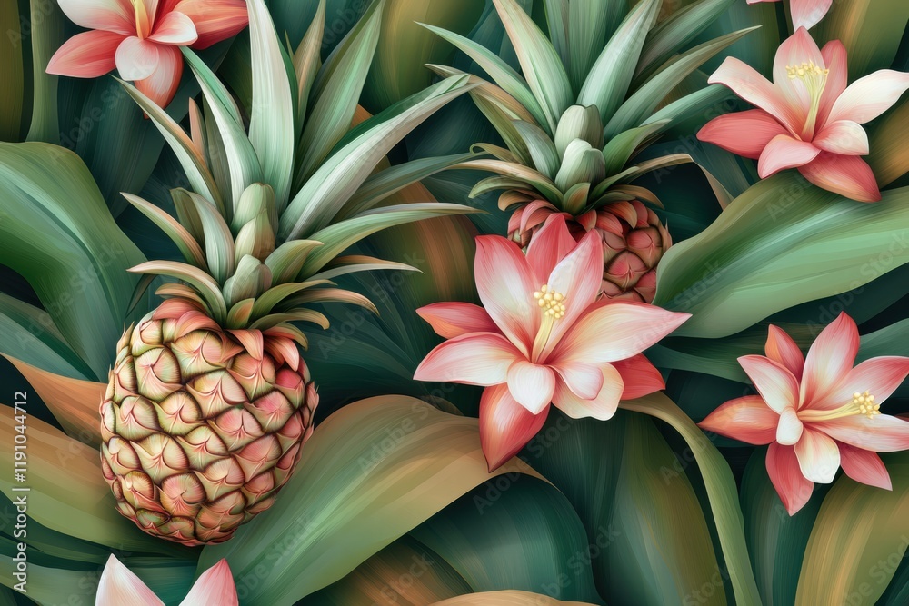 Poster tropical seamless pattern with abundant pineapples and vibrant flowers bringing a lush atmosphere to