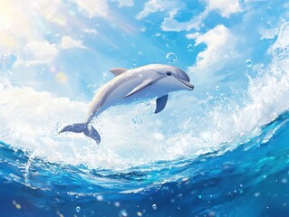 A Dolphin Leaps Joyfully Through Ocean Waves Under a Bright Sky