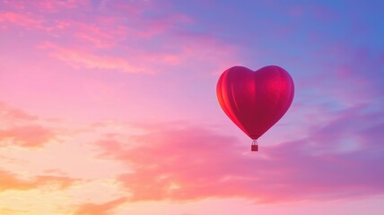 Fototapeta premium Valentine's day theme background. A vibrant heart-shaped hot air balloon floats against a pastel sky, symbolizing love and adventure.