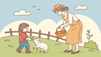 Fototapeta premium Farm Fun: Mother and Child Feeding Animals. Perfect for: Farm Visits, Family Trips, Outdoor Adventures