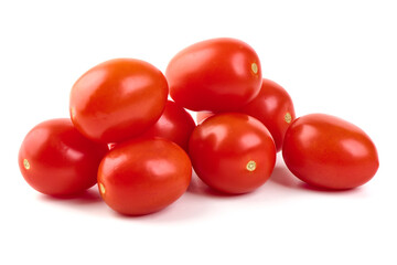 Fresh cherry tomatoes with Sweet basil leaves, isolated on white background.