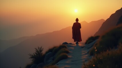Buddha's travels and sermons.  Minimalist photo of Buddha walking along a mountain trail, the sun rising in the distance, symbolizing his enduring message.